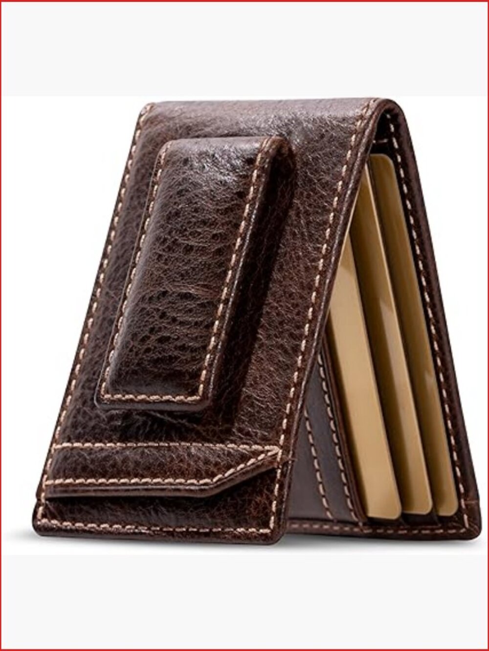 Bifold Money Clip Wallet with Super Strong Magnetic Clip, Full Grain Leather,